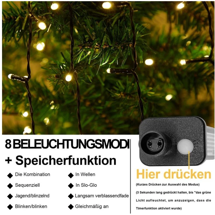 Sunicol Lichterkette Weihnachten Strom Lichterketten mit 8 Leuchtmodi, Timer, 1-flammig, Lichterketten für Party, Garten, Baum – Bild 4