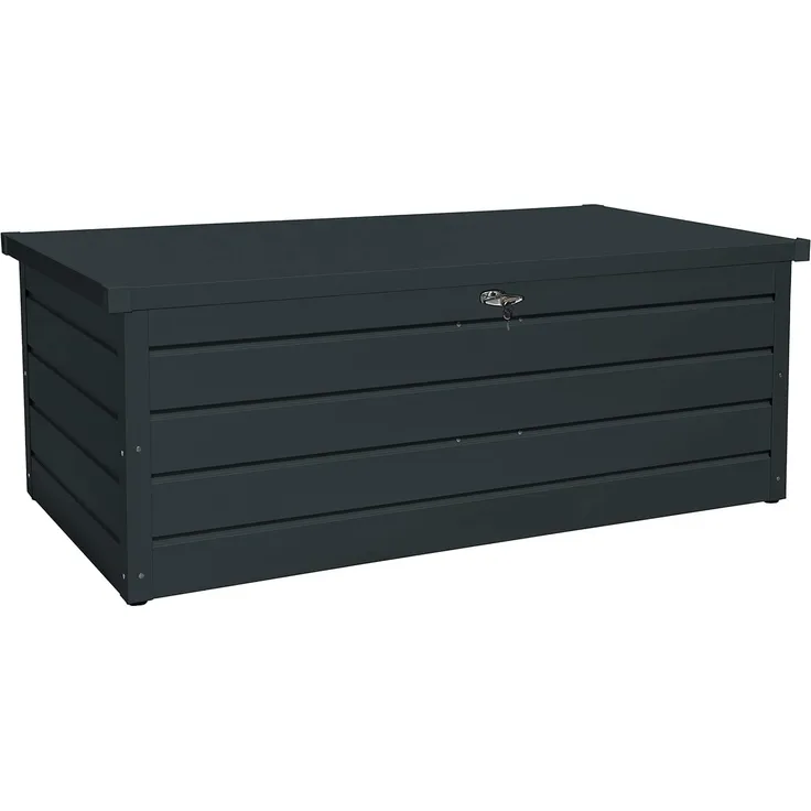 Duramax Palladium Kissenbox aus Metall kurz (585 L) mit hydraulischer Gasdruckfeder und abschließbarem Griff mit Schlüssel, Terrassenbox und Gartenmöbelaufbewahrung, Anthrazit