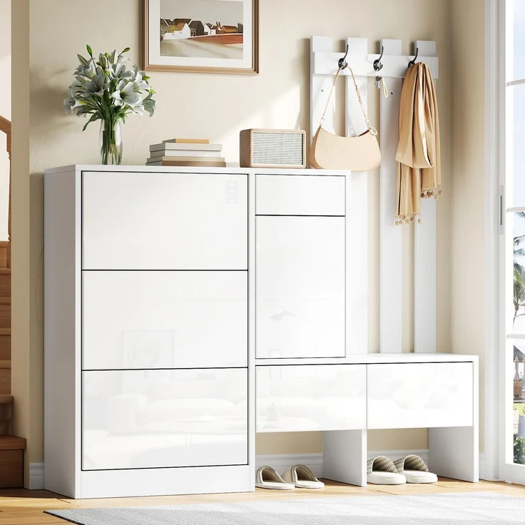 Garderobenschrank 160x35x160 cm mit Sitzbank, 3 Klappfächern und Hakenleiste, Weiß – Bild 3
