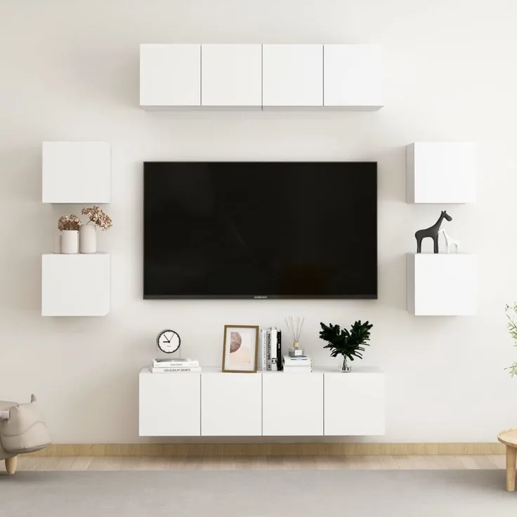 8-tlg. TV-Schrank, Lowboard TV Set Weiß Holzwerkstoff