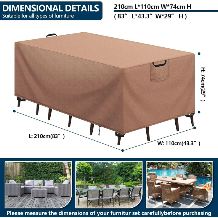 Aujink Abdeckung Gartenmöbel Winterfest, Wasserdichte Schutzhülle Gartenmöbel 420D Oxford Anti-UV Abdeckplane für Gartentische Terrassenmöbel Regenschutz und Staubfest Abdeckhaube Khaki 210 x 110 x 74 cm – Bild 2
