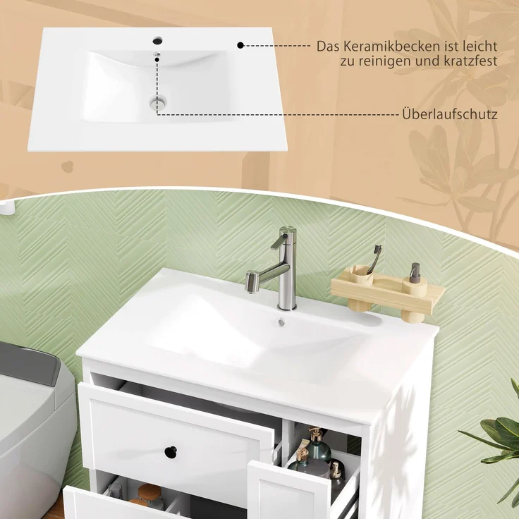 76 x 46 x 82 cm, freistehendes Waschbecken, komplett lackiert, seitliche Auszugsschublade, großer Stauraum, integriertes Keramikwaschbecken, geräuscharme Gleitschienen, weiß. – Bild 10