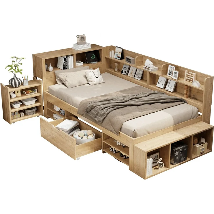SeedWave Holzbett Tagesbett mit USB- / Kabelloser-Ladefunktion, Nachttisch, 90/140×200cm, Stauraumbett mit 1× Rollenschublade, Staufächern – Bild 1