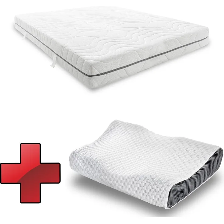7 Zonen Viskoelastik-Matratze Sleezzz Smart 120 x 200 cm, Höhe 18 cm, Härtegrad H3 mit Air Memoryschaum + Sleezzz Premium orthopädisches Gel-Effekt Nackenstützkissen 32 x 60 cm