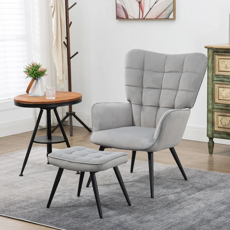 Ohrensessel mit Hocker, Loungesessel Relaxsessel Polstersessel Samtoptik Fernsehsessel Esszimmerstuhl bis 120 kg hellgrau--Hellgrau--73x77.5x98cm--YOUDENOVA – Bild 2