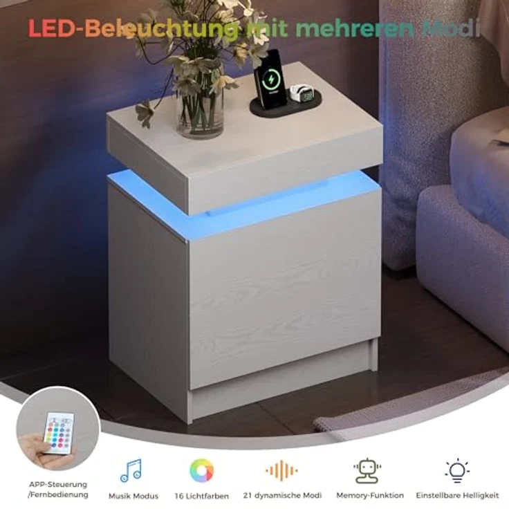 IRONCK Nachttisch Weiß mit LED-Licht & Ladefunktion, Beistelltisch mit USB+Typ-C Anschlussen, Nachtschrank mit 2 Schubladen, Sofatisch für Schlafzimmer, Wohnzimmer, 35 x 48 x 60 cm – Bild 5