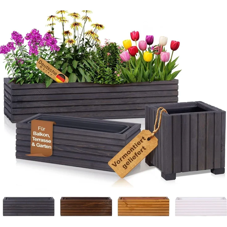 BooGardi Pflanzkübel Blumenkasten mit Kunststoffeinsatz (Anthrazit 44x20x14cm), Balkonkasten Pflanzgefäß Pflanzkasten Blumentopf