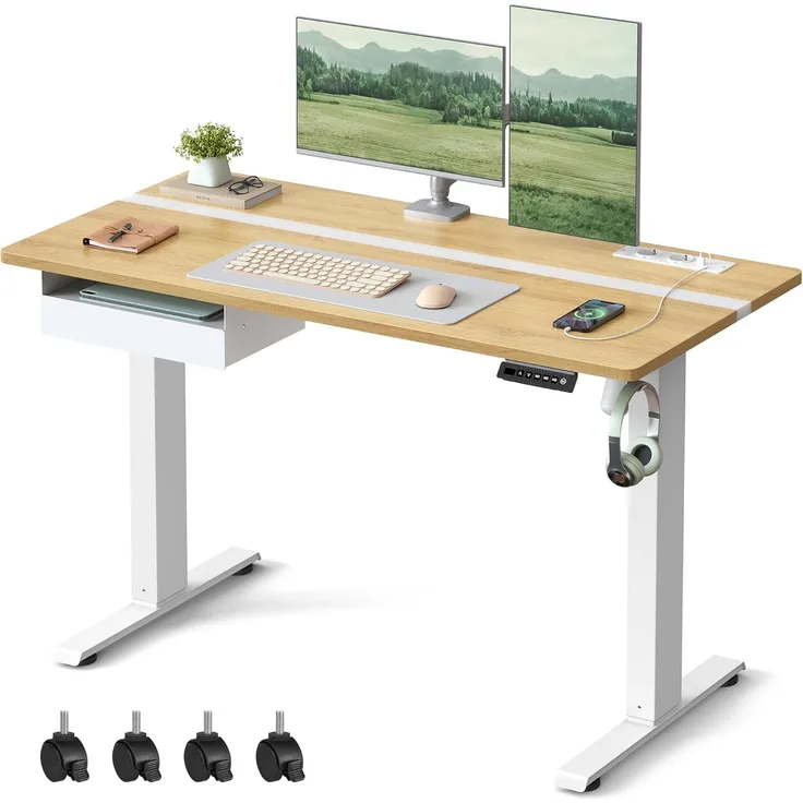 Vasagle Höhenverstellbarer Schreibtisch elektrisch, stufenlos verstellbar, Memory-Funktion mit 4 Höhen, goldeichenfarben, 60x120 x (72-120) cm