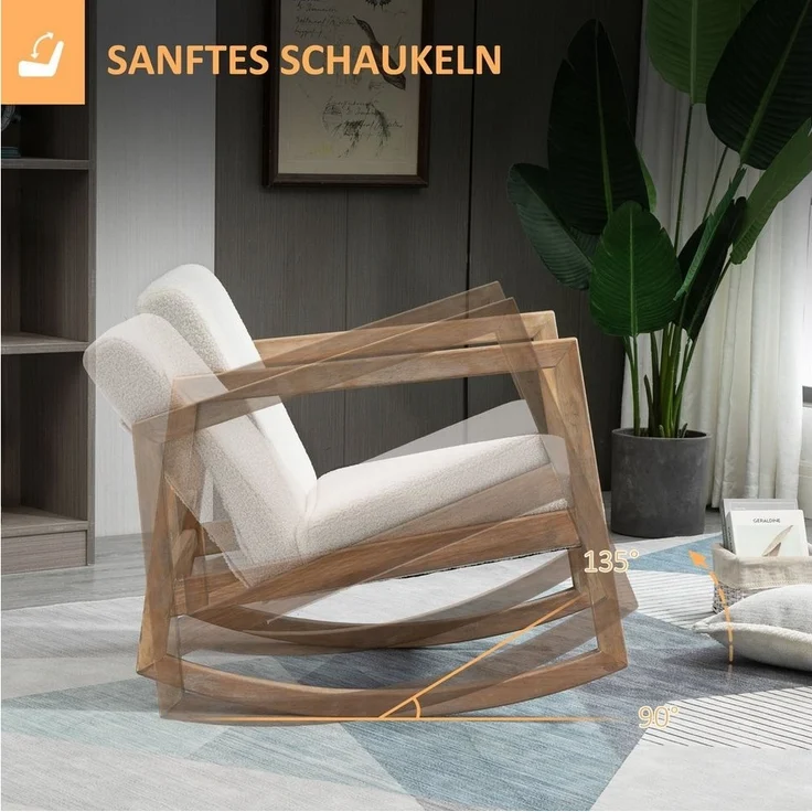 HOMCOM Schaukelstuhl gepolstert Relaxstuhl mit Holzrahmen (Loungesessel, 1 St), Kautschukholz Cremeweiß 60 x 81 x 71 cm – Bild 3