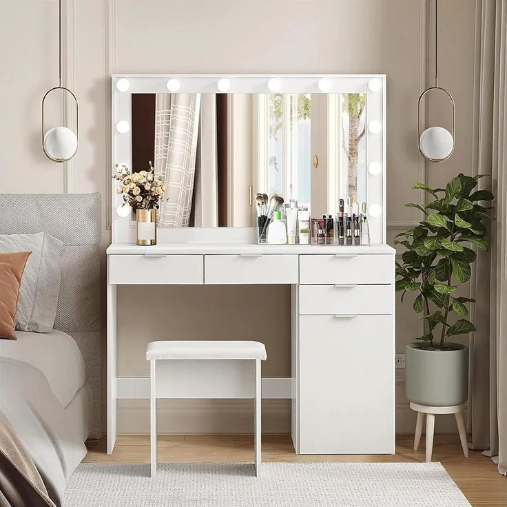 oyajia Schminktisch Kosmetiktisch mit Spiegel und Hocker, Kosmetikspiegel und 5 Schubladen (Make-up Tisch mit 5 Schubladen und 3 offene Ablagen, mit USB-Anschluss), Frisierkommode mit LED Beleuchtung,Schlafzimmermöbel Vanity Set