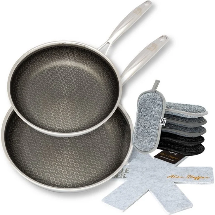 HENSSLERS Pfannen-Set HENSSLERS Kochbox Deluxe, Edelstahl (Set, 10-tlg, Pfanne 24 + 28 cm, Mikrofaser-Schwamm-Set 6 tlg, 2x Pfannen-Schoner), Exklusives Set für OTTO – Bild 4