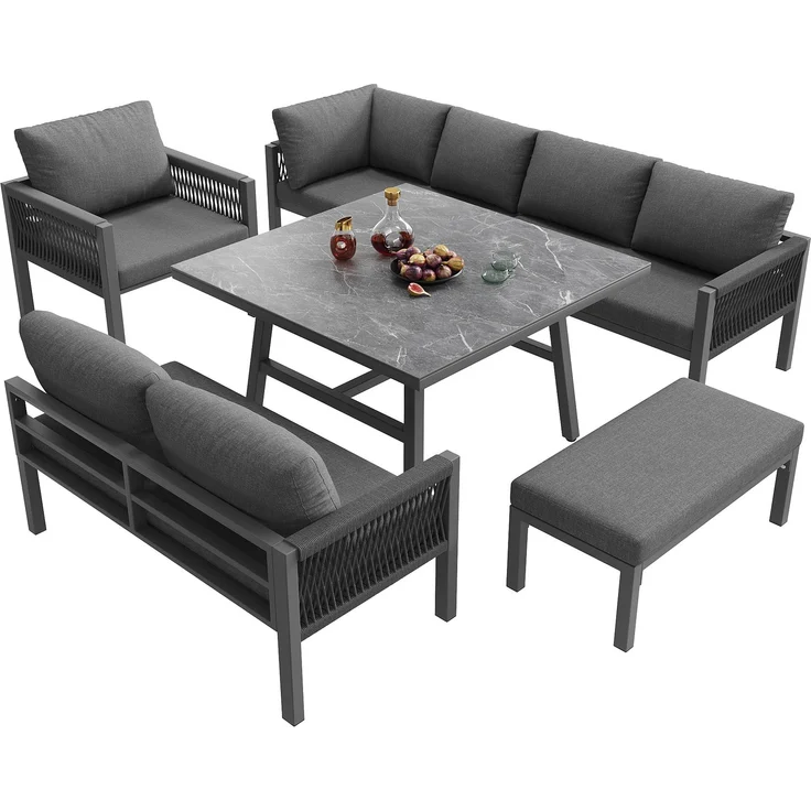 Merax Garten-Lounge-Set, Gartensofa-Garnitur in L-Form für bis zu 8 Personen / Robustes Eisengestell mit grauen Polstern / Komplett mit Tisch (Holzoptik Glas) & 1 Sessel, grau – Bild 8