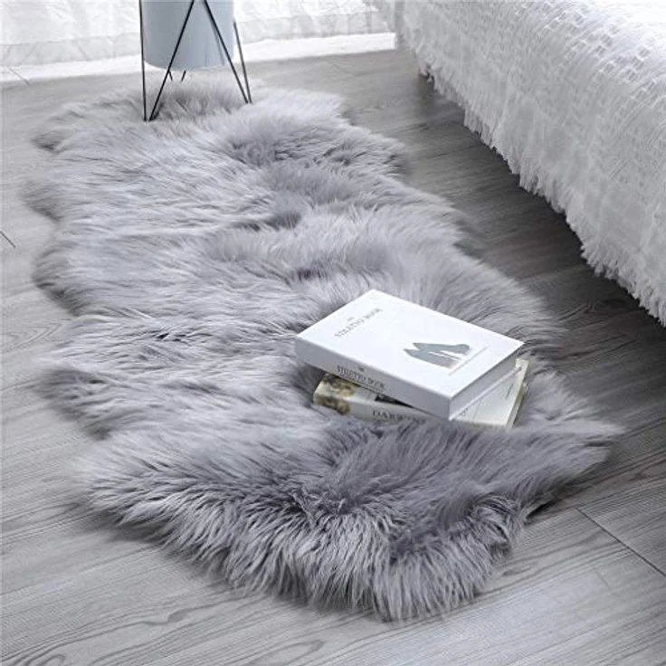 HLZDH Faux Lammfell Schaffell Teppich Kunstfell Dekofell in Super weich Lammfellimitat Teppich Longhair Fell Optik Nachahmung Wolle Bettvorleger Sofa Matte(60x160 cm, Grau) – Bild 2