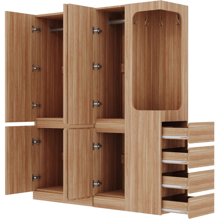 CHICFURN Kleiderschrank aus Holz, Naturholz, 140x170x40 cm, mit 4 Schubladen und offenem Hängebereich – Bild 7