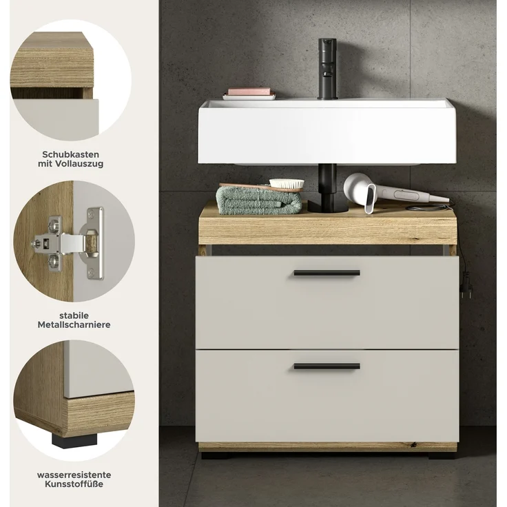 Waschbeckenunterschrank >Scout< in Evoak Oak / Kaschmir - 60x56x34cm (BxHxT) – Bild 8