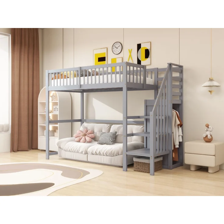 Hochbett 90x200 mit Treppe, Kinderbett aus Holz mit Aufbewahrungsregal, einfacher Kleiderschrank Grau – Bild 4