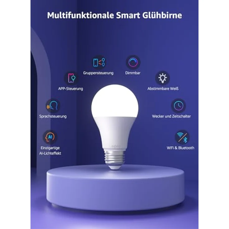 Lepro AI Smart Glühbirne B1, E27 Lampe 8.5W 806lm Dimmbar, Personalisierter KI-Lichtdesigner, Sprachsteuerung/Musik Sync, WiFi & Bluetooth Smart Bulb, Kompatibel mit Alexa/Google Assistant, 2 Stück – Bild 9