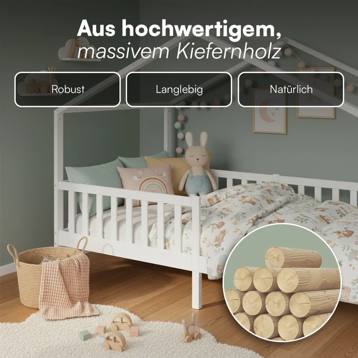 Bellabino 'Bia' Hausbett 90x200 cm, weiß, Kiefer Massivholz, Montessori Kinderbett mit Rausfallschutz und Lattenrost – Bild 5