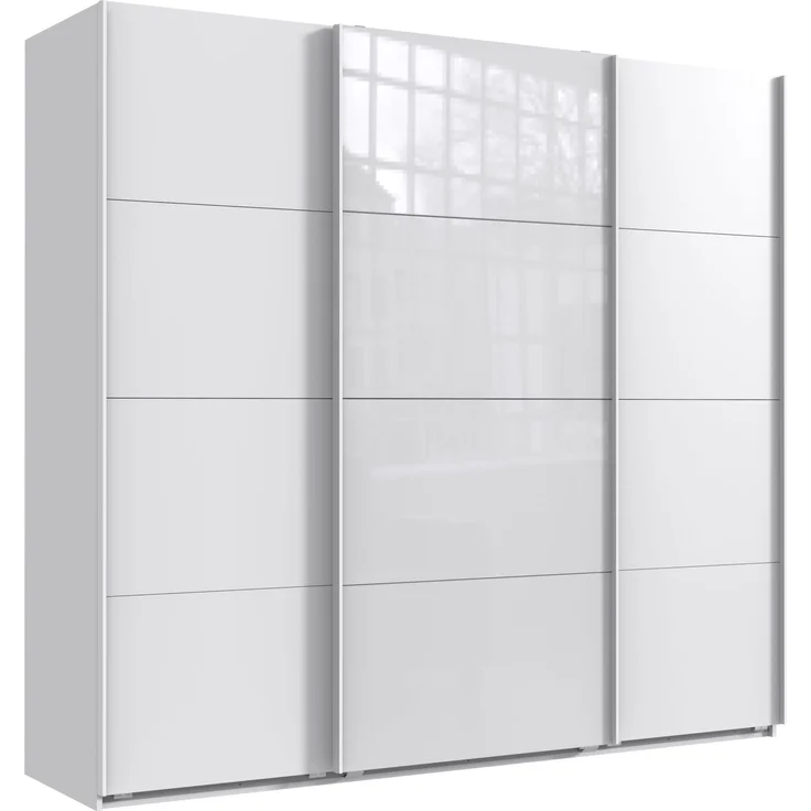 Schwebetürenschrank Kleiderschrank B225 cm H208 cm 3-türig Weiß, 1x Tür Glas Weiß – Bild 1