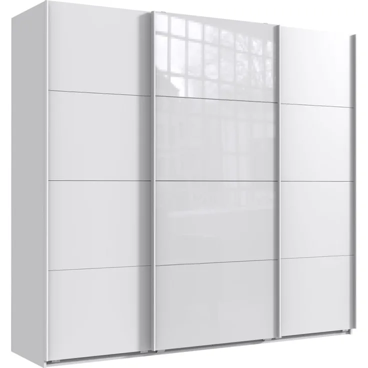 Schwebetürenschrank Kleiderschrank B225 cm H208 cm 3-türig Weiß, 1x Tür Glas Weiß