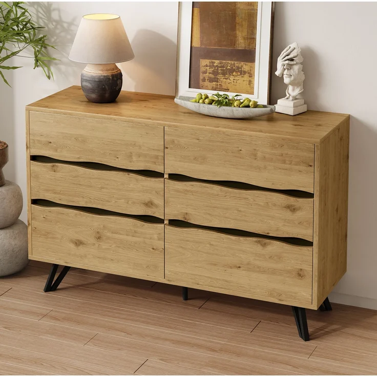 DESVIAE Sideboard mit 6 Schubladen 120x75,5x40 cm aus Spanplatte in Holzfarbe – Bild 3