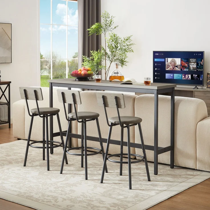 Bartisch-Set 160x40x95,5 cm mit 3 Barhockern, Schwarz/Grau, Spanplatte und Stahl – Bild 3