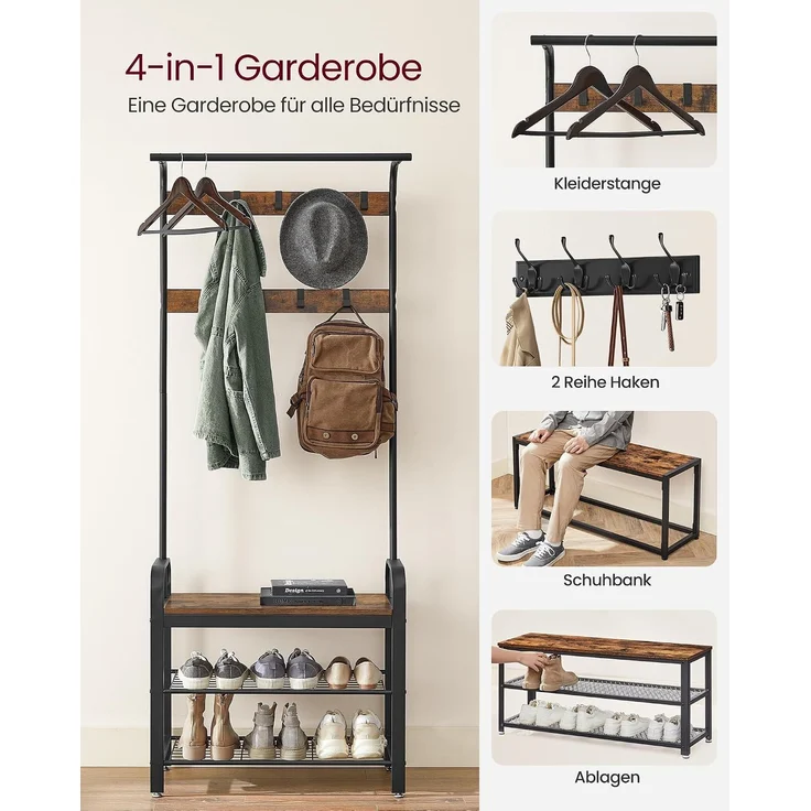 Vasagle Kleiderständer Garderobenständer rustikal mit 9 Abnehmbaren Haken Schuhregal mit Sitzfläche 3 Ablagen Holz Metall 72 x 183 x 33.7 cm Vintage von Songmics HSR40B – Bild 3