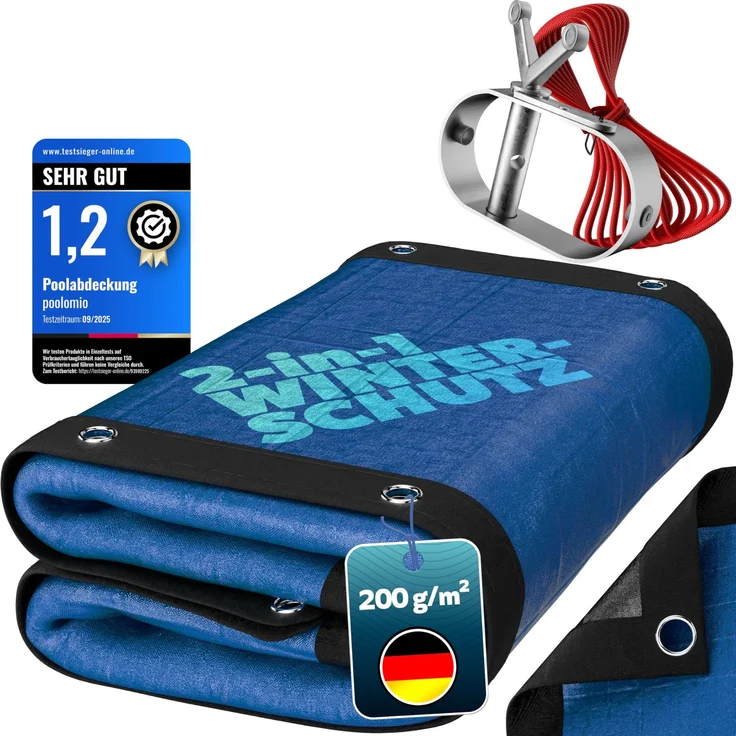 poolomio Poolabdeckung rund 460 cm, Poolplane Rundpool für Sommer & Winter | Abdeckplane für Pool 440-480 cm – 200 g/m² robustes, UV-resistentes PE – Stahlseil & Ratsche für festen Halt –Echtmaß: 530 cm