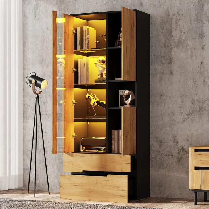 Vitrinen-Schrank, 70×35×180cm Mehrzweck Aufbewahrungsschrank mit LED-Lichtleiste, 3 Türen & 2 Schubladen, Holz-Schwarz Kombinationsdesign, bis 45kg Traglast, moderner Stauraumschrank für Wohnzimmer--Natürlich--70x35x180cm--YOUDENOVA – Bild 1