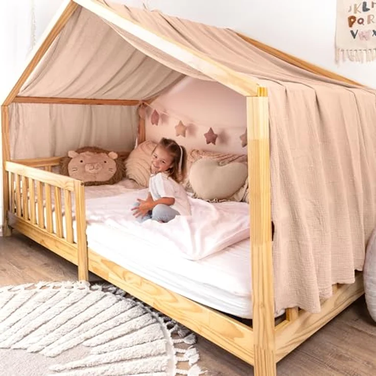 lilimaus Betthimmel Musselin Hausbett Himmel Kinderzimmer Baumwolle mit Gold, Gemütlicher Baldachin aus Baumwolle für traumhafte Kinderzimmer-Deko – Bild 2