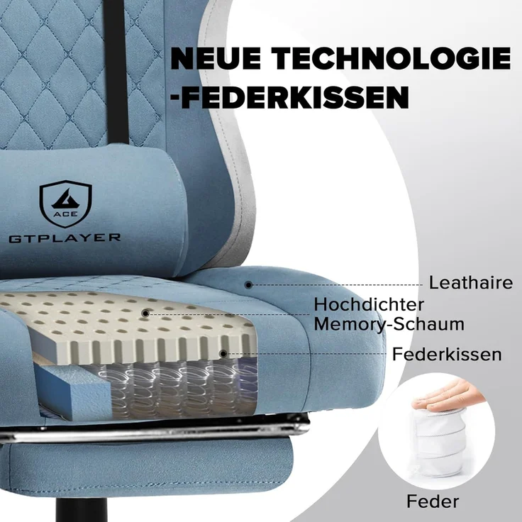 GTPLAYER Gaming Stuhl Ergonomischer Gaming Sessel Schreibtischstuhl mit Stoffoberfläche, Federsitzkissen, Verbindungsarmlehnen und Fußstütze hellblau – Bild 4