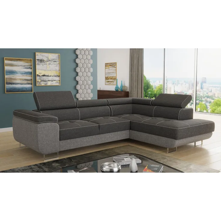 Ecksofa Caris mit Schlaffunktion, Bettkasten und einstellbare Kopfstützen (Grau + Dunkelgrau (Sawana 21 + Sawana 05), Ecksofa Rechts)