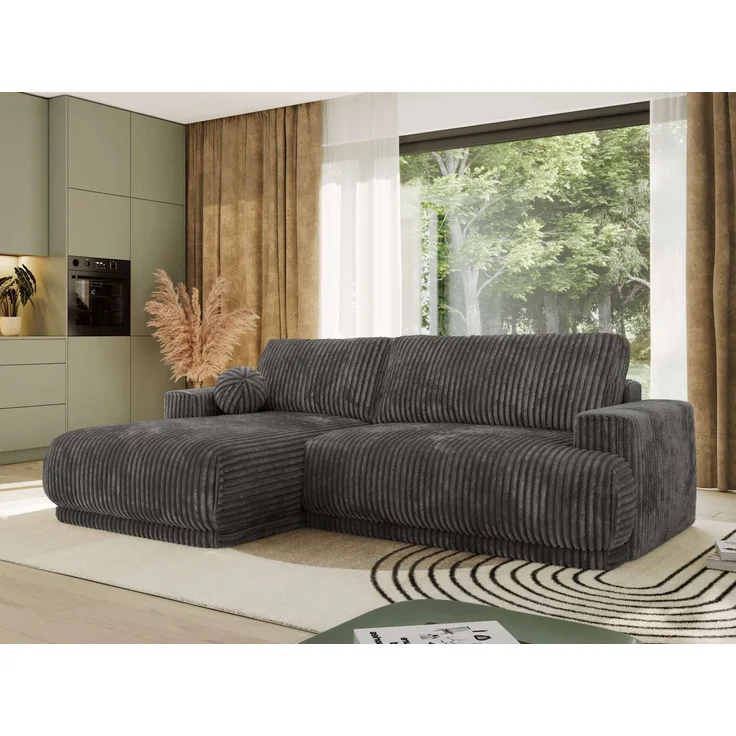 RINA L Design Ecksofa, Schlaffunktion & Stauraum, DL-System, Wellenfedern, Liegefläche 220x155 cm, freistehendes Polstersofa, Schlafcouch - Grau Cord - Links Seite