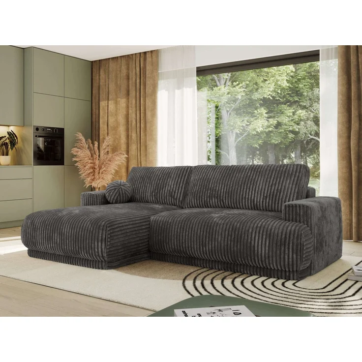 RINA L Design Ecksofa, Schlaffunktion & Stauraum, DL-System, Wellenfedern, Liegefläche 220x155 cm, freistehendes Polstersofa, Schlafcouch - Grau Cord - Links Seite – Bild 1