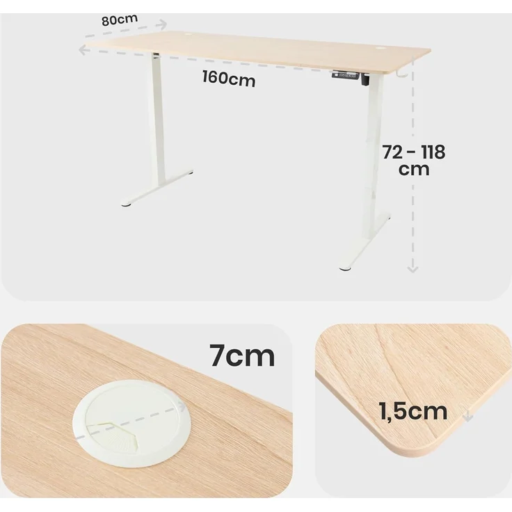 Arebos Schreibtisch Computer-Bürotisch 160 x 80 cm, elektrisch Memory-Funktion, 72-118 cm höhenverstellbar, Hebekapazität: 70 kg – Bild 2