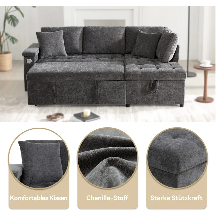 3-Sitzer Sofa mit Bettfunktion, Stauraum, Zierkissen, Rückenkissen, USB und Type-C, Liegefläche erweiterbar, Schlafsofa, Ecksofa, L-Form, Chenille – Bild 4