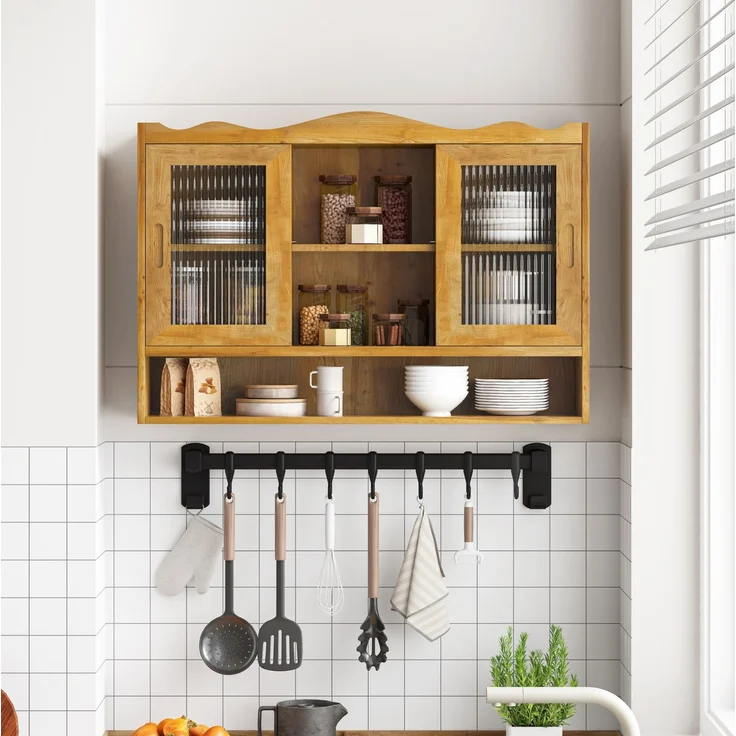 DESVIAE Sideboard mit 2 Schiebetüren 90x60x20 cm aus Massivholz und Glas, Natur – Bild 1