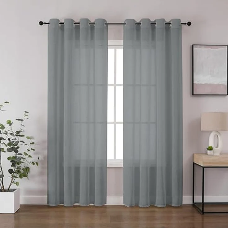 CUCRAF Leinen Voile Vorhänge mit Ösen Lichtfilterung Gardine für Schlafzimmer Wohnzimmer, Grau Blau, H245 x B140cm 2er Set – Bild 2