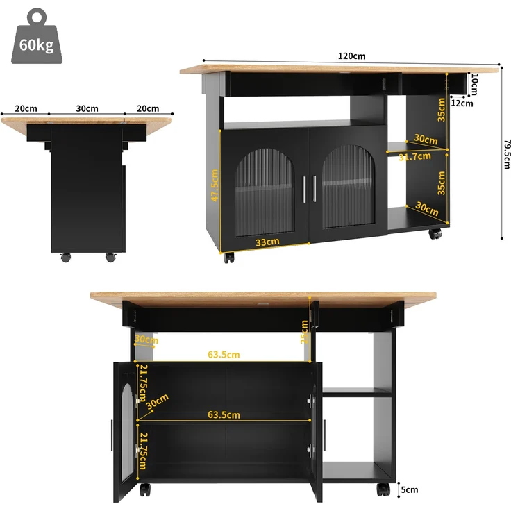 Merax Kücheninsel,Modernes Küchensiland, Küchenschrank, Abnehmbare Servierwagen buffetschrank, Speisewagen mit Holzmaserung, buffetschrank, Multifunktionale Esstisch mit Speicherraum, Schwarz – Bild 4