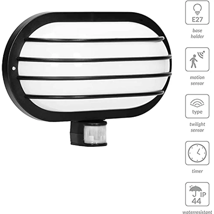 Virone LASO E27 Außenlampe mit Bewegungsmelder, IP44 wasserdicht, bis zu 60W, Schwarz – Bild 3