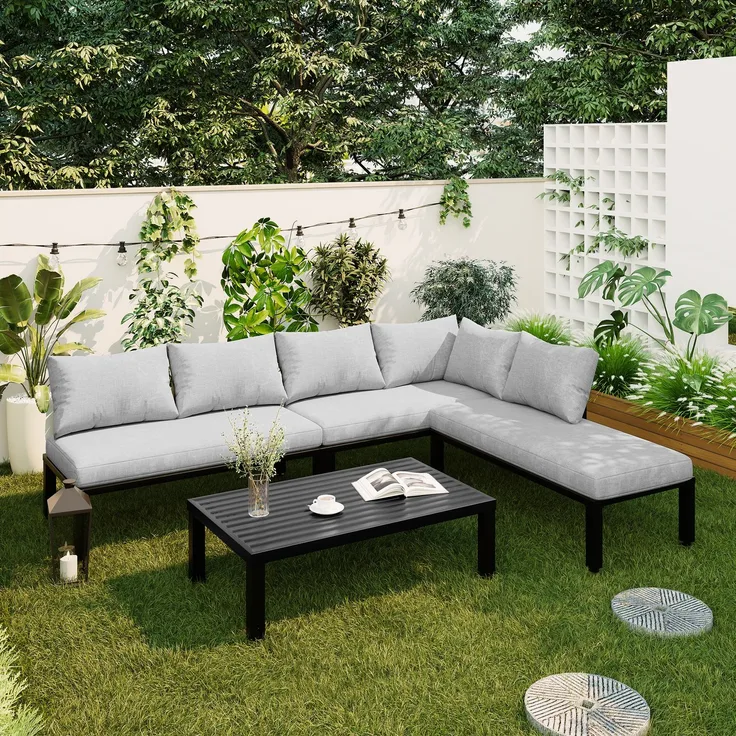 Merax 6-Sitzer Gartenmöbel-Set, Garten-Loungesessel-Set mit verzinktem Eisenrahmen, verstellbare Beine, abnehmbare Rückenlehne, grau