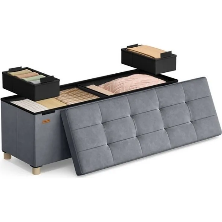 SONGMICS Sitzbank mit Stauraum, Hocker faltbar, 38 x 110 x 40 cm, Aufbewahrungsbox mit Deckel, Fußhocker 112 L, Samt, bis 300 kg belastbar, Flur Wohnzimmer Schlafzimmer