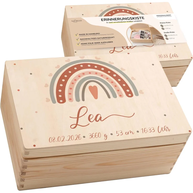 KIDSMOOD - Erinnerungsbox Baby, personalisierte Holzkiste mit Deckel, Ideal zur Aufbewahrung von Erinnerungen und als Geschenk zur Geburt, Taufe oder als Geburtstagsgeschenk für Mädchen und Jungen