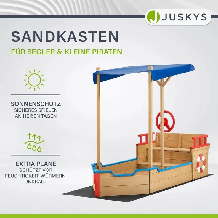 Juskys 'Käpt’n Pit Piratenschiff' Sandkasten mit Dach & Sitzbank, Holz natur, 70 x 160 x 120 cm – Bild 3