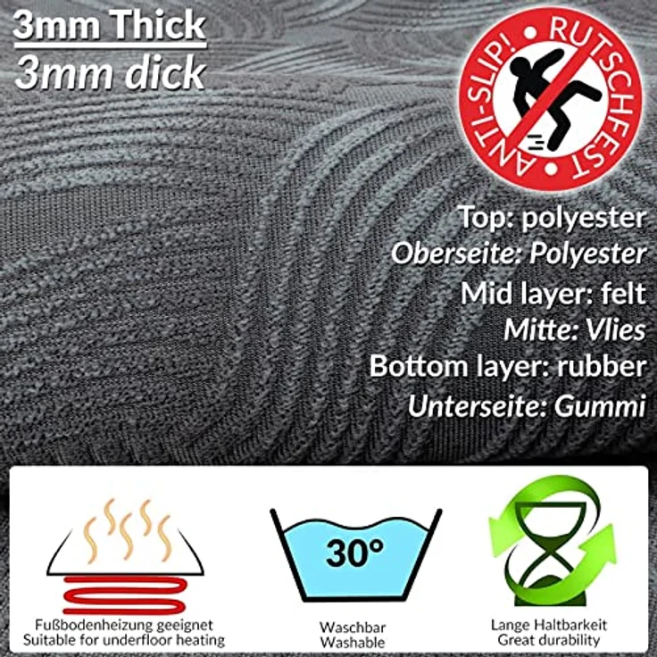 ANRO Küchenläufer JULIANNA Premium Teppichläufer, Grau, 50x100 cm, Velours, 3 mm Höhe, Trittschalldämmend, Fußbodenheizungsgeeignet – Bild 3