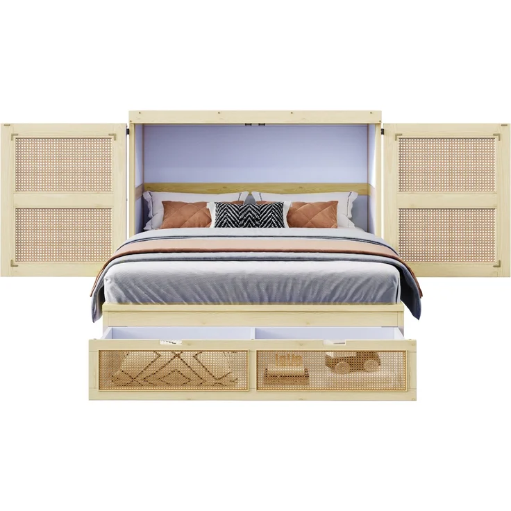 CHICFURN Bett aus Holz in Naturholz 140x200 cm mit Stauraumschubladen und Rattan-Design – Bild 7