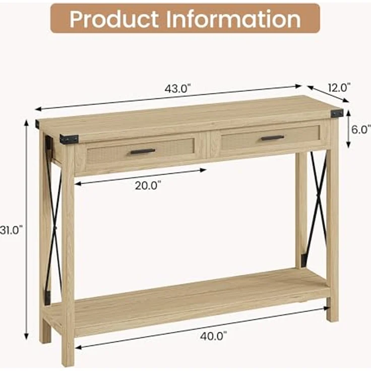 GarveeHome Flurtisch, Konsolentisch Mit Rattan-Schubladen, Sofatisch Mit 2 Ablageflächen, Einzigartiges x-Förmiges Design, Ideal Für Flur, Wohnzimmer, Diele, 110 x 30 x 78 cm,Holzfarbe – Bild 3