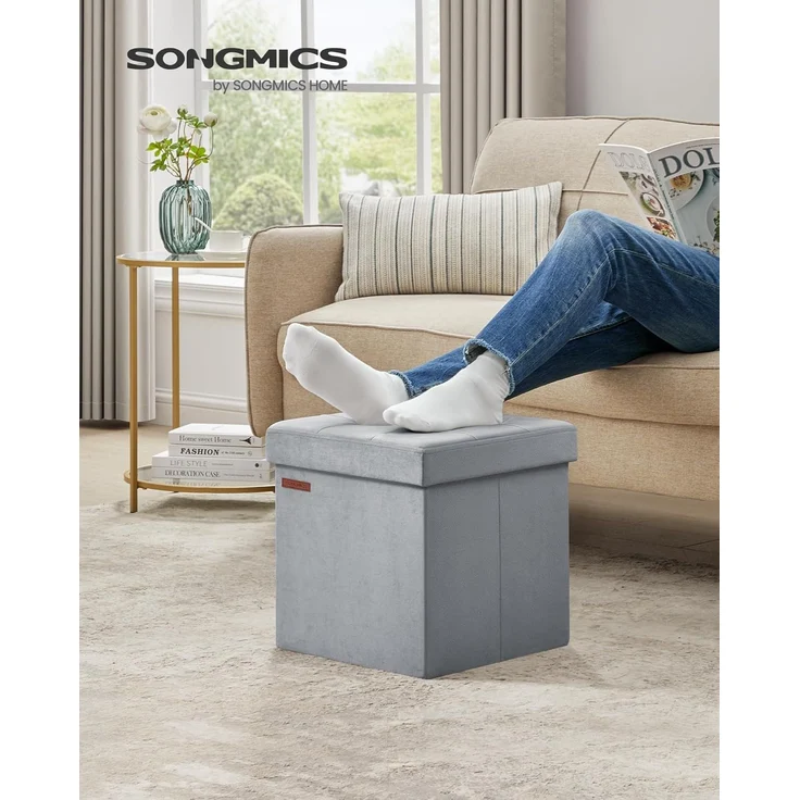 Songmics Sitztruhe mit Stauraum, Samt taubengrau, 38 x 38 x 38 cm – Bild 2