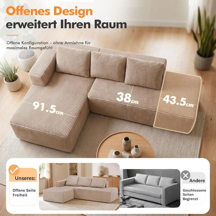 COMHOMA Ecksofa mit Schlaffunktion, 228cm Corduroy Modulares Boneless Couch mit Chaiselongue & Rücken-Metallgestell, L-Form Schlafsofa mit offenem Design, Kissen & Seitentaschen,für Wohnzimmer, Beige-R – Bild 6