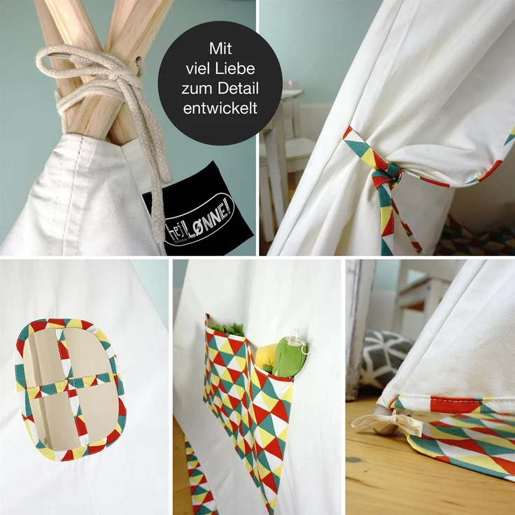 Hej Lønne Tipi Zelt für Kinder (Farbige Bemusterung), Indianerzelt, 4 Stangen, 120x120x150cm, Baumwolle – Bild 4